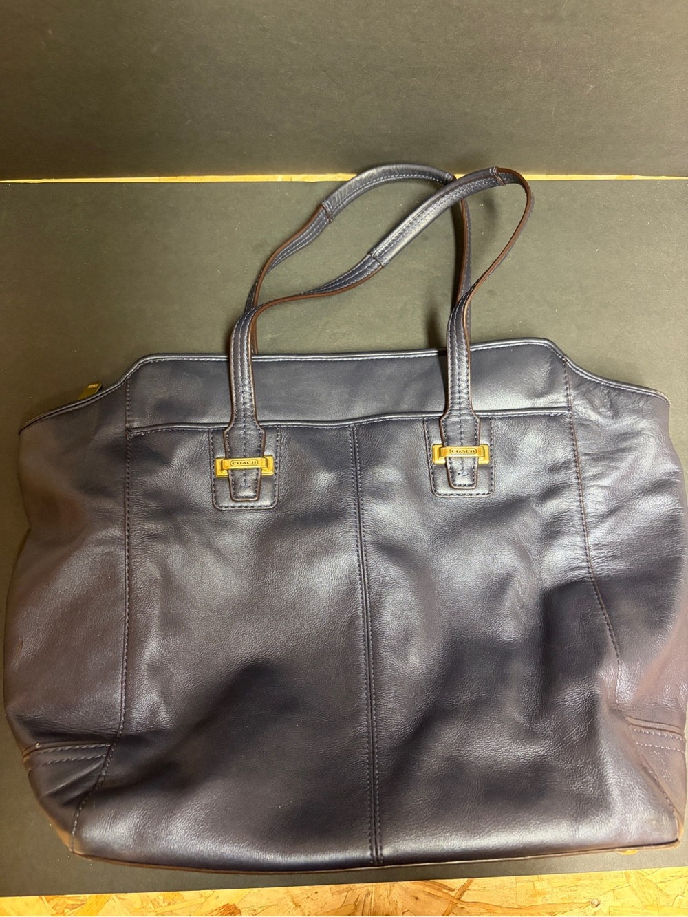 Coach Navy Leather Tote with Gold-Tone Hardware